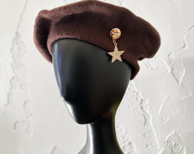 Brown Bejeweled Tam: Star Charm Beret