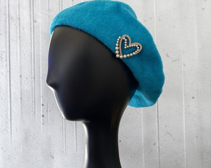 Aqua Bejeweled Tam: Heart Brooch Beret