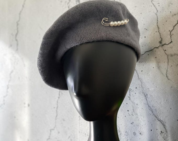 Gray Bejeweled Tam: Pearl Brooch Beret