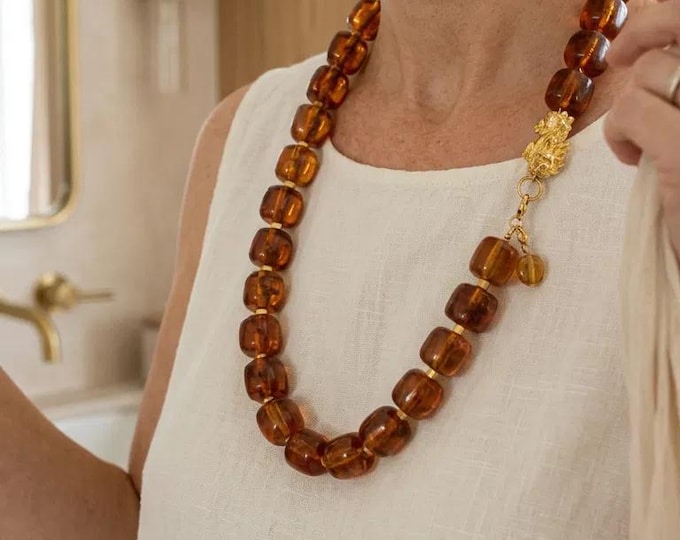 Necklace - Amber/Cognac Color Beaded Necklace