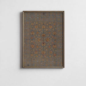 May include: A rectangular wall art print in a thin metallic frame featuring a muted blue background with a dense, repeating pattern of orange, yellow, and red floral motifs arranged in a central medallion and a decorative border design.