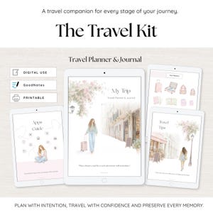 Puede incluir: Un kit de planificador y diario de viaje digital mostrado en tabletas. El texto dice The Travel Kit, Travel Planner & Journal, Apps Guide, My Trip y Travel Tips. Incluye ilustraciones de personas viajando y varias pegatinas de temática viajera.