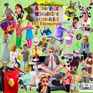 May include: A digital collage kit featuring 197 elements with the text Absurdist Weirdcore Printable Kit. The collection includes various surreal cutouts such as people with animal heads, colorful balloons, food items, skeletons, and vintage objects.