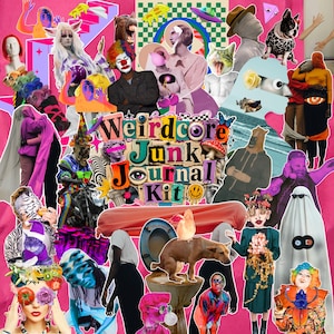 Puede incluir: Un kit de collage con el texto Weirdcore Junk Journal Kit rodeado de varias imágenes surrealistas que incluyen un payaso, un perro en un inodoro, un fantasma, una estatua, un gato, una persona con setas en la cabeza y fondos de color rosa.