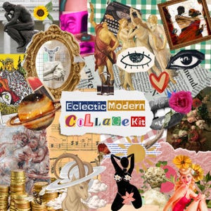 Puede incluir: Un kit de collage que presenta un trozo de papel blanco central con el texto Eclectic Modern Collage Kit. La composición incluye estatuas clásicas, un planeta con anillos, una cabra, un corazón rojo, una rosa rosa, un lápiz labial e ilustraciones vintage.