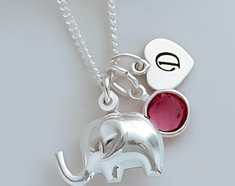Collana con elefante in argento sterling 925, due ciondoli personalizzati con iniziale e pietra portafortuna. Regalo di mio figlio. Regalo di un amico.