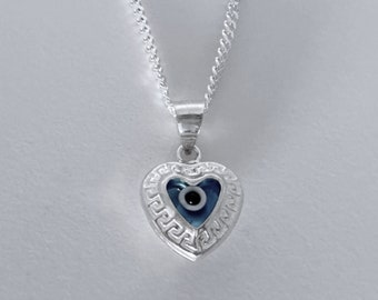 925 Sterling Silver Evil Eye heart Necklace. Eye Evil Necklace, Sterling silver Blue Evil Eye Necklace protection jewelry. Choose chain