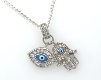 925 Sterling Silver Hamsa Evil Eye Necklace. Cubic Zirconia Evil Eye Necklace Protection jewelry. Choose chain