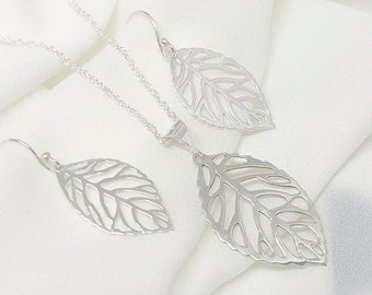 925 Sterling silver Leaf Necklace. Sterling Silver leaves Earrings. Silver filigree Leaf. Choose Set or, Leaf Necklace or, only Earrings