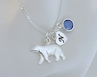 Sterling silver Polar Bear Necklace. Silver Bear Necklace. Customized Birthstone and Initial, Choose chain