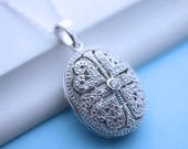 Oval locket necklace, Solid sterling silver fancy Locket necklace, Cubic Zirconia Lockets. Picture locket wedding, bridesmaid, Mother locket