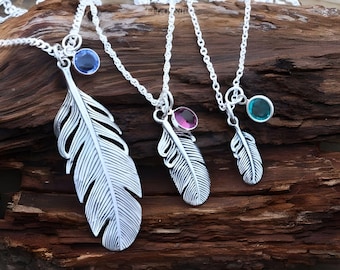 Sterling Silver Feather Necklace, Mother Daughter Choose Small, Medium or Large Feather Personalized Charm. Most popular Silver Feather