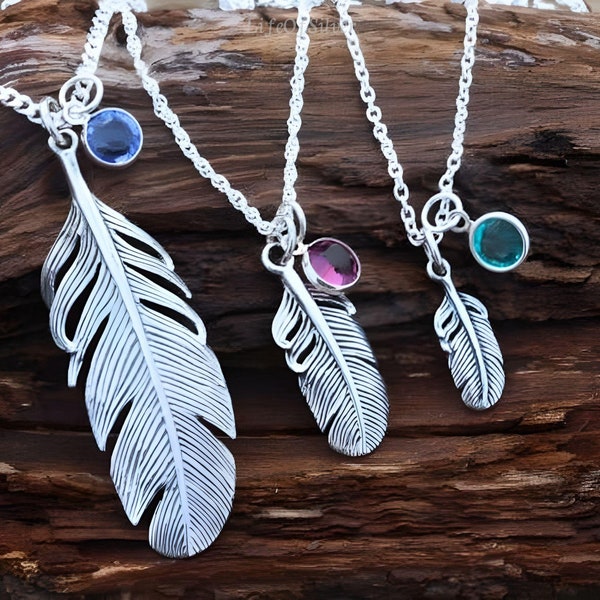 Sterling Silver Feather Necklace, Mother Daughter Choose Small, Medium or Large Feather Personalized Charm. Most popular Silver Feather