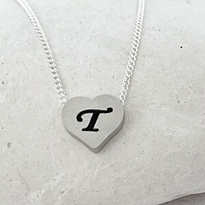 Customized Initial Heart Necklace, Sterling Silver Chain. Anti tarnish matte Rhodium Plated Heart. Sweet Sixteen Gift,  Everyday necklace