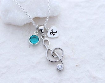 Silver Treble Clef Necklace, Personalized charms, Sterling silver Musical Note, Choose chain. Music Lover. Music Teacher