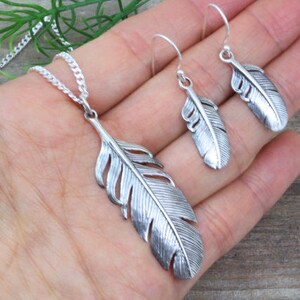 Sterling Silver Set Feather necklace. Feather necklace, Feather Earrings. Jewelry Sets.Choose chain, Silver feather earrings pendant Feather image 5