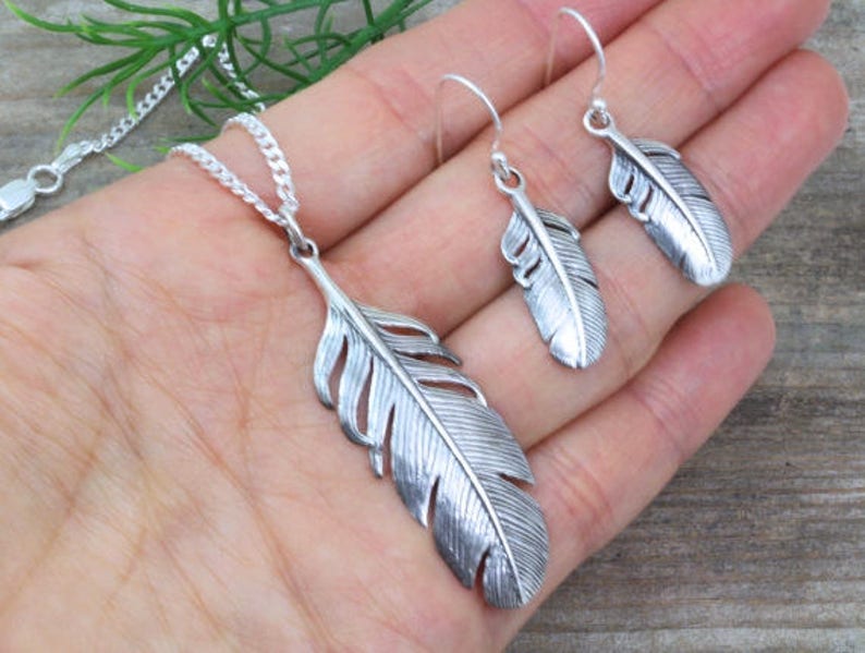 Sterling Silver Set Feather necklace. Feather necklace, Feather Earrings. Jewelry Sets.Choose chain, Silver feather earrings pendant Feather image 5