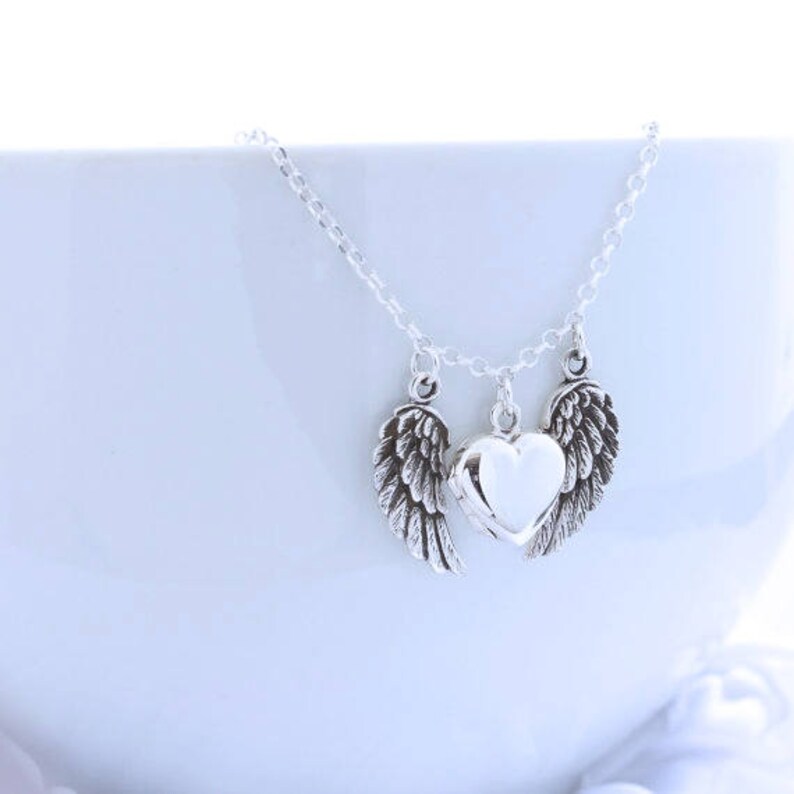 Sterling Silver Guardian Angel Locket Heart Locket Necklace Etsy