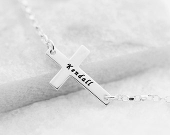 Engraved Sideways Cross in Sterling Silver Cross Personalized Name Necklace Horizontal Cross necklace. Size Cross: 17 x 11 mm