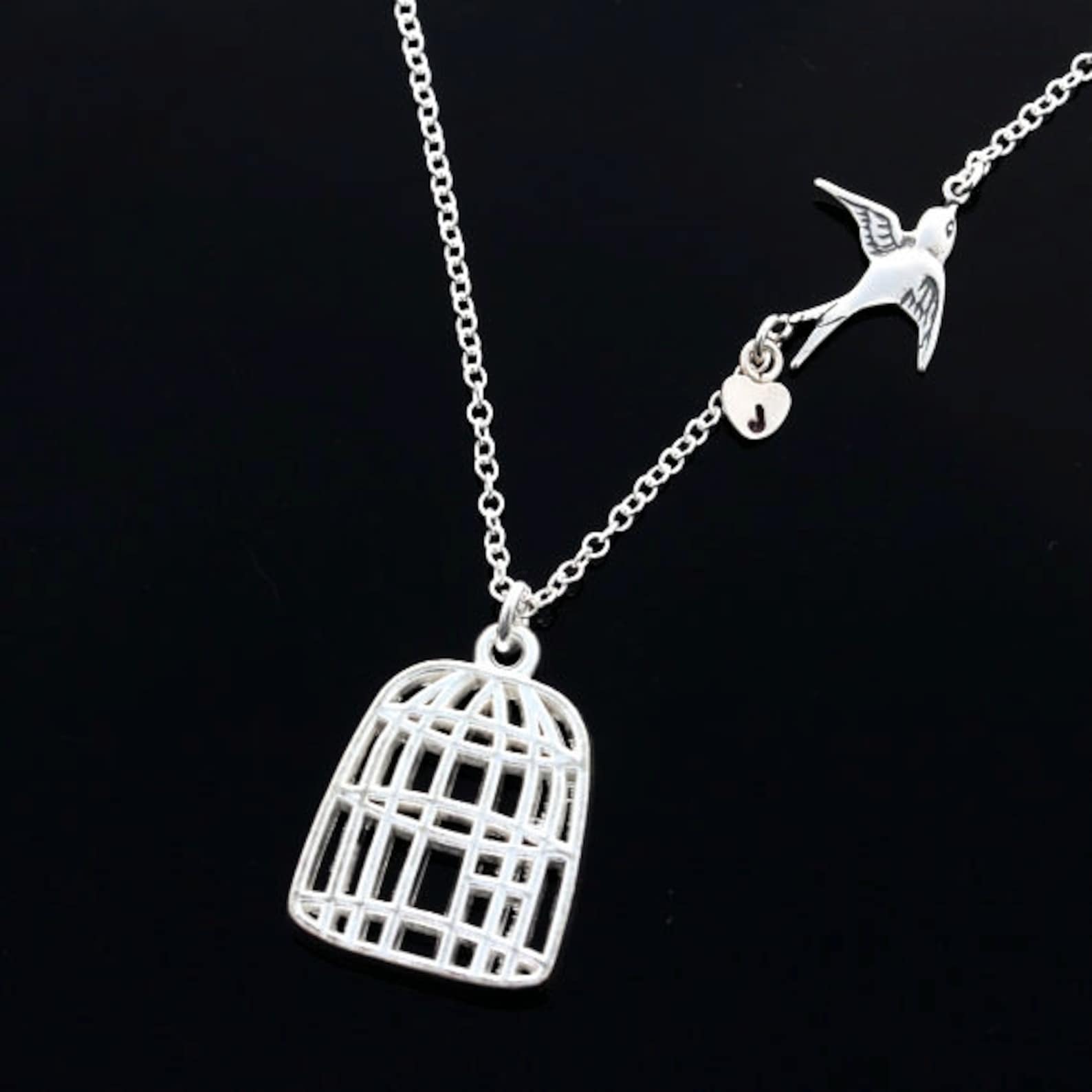 Bird Cage Necklace Gold Flying Bird Sterling Silver Chain Etsy