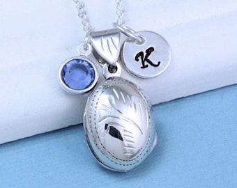 Sterling silver Medium Oval locket necklace, 2 Personalized charms Included, Two pictures locket. Remembrance Heirloom lockets. - R-14