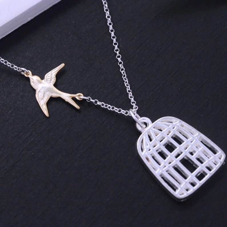 Bird Cage Necklace Gold Flying Bird Sterling Silver Chain Etsy