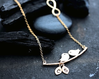 Infinity Gold Love birds Necklace, Personalized Initial charms and Infinity. Bird Necklace- Gold filled chain, Birds 14k Gold Plated