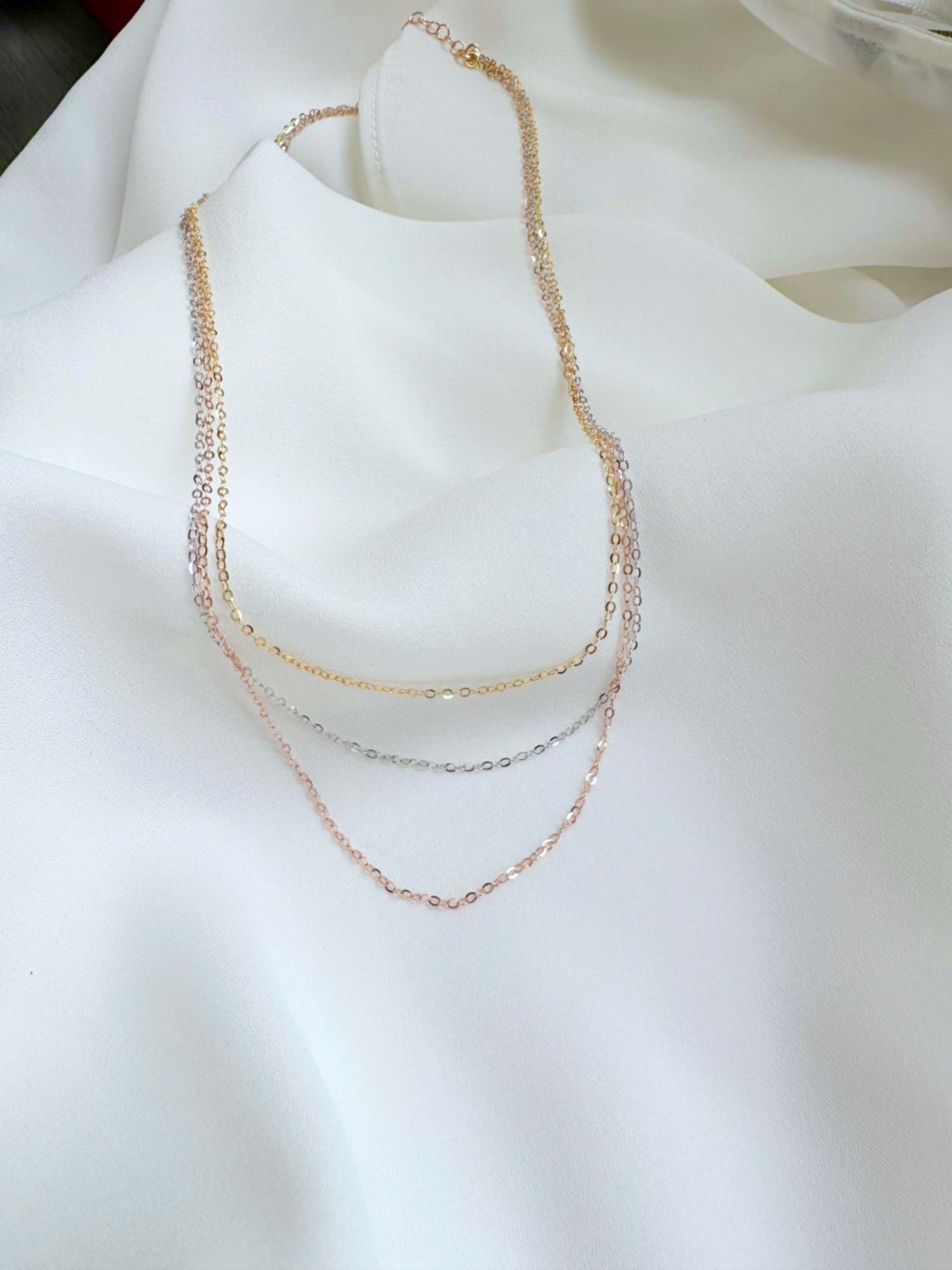 THREE Tone Chain Necklace in 14K Gold Yellow, Sterling Silver & Rose ...