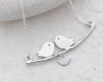 Sterling silver Love birds necklace & sterling silver chain, New mom necklace, Baby shower jewelry, couple and baby Family Necklace, new mom