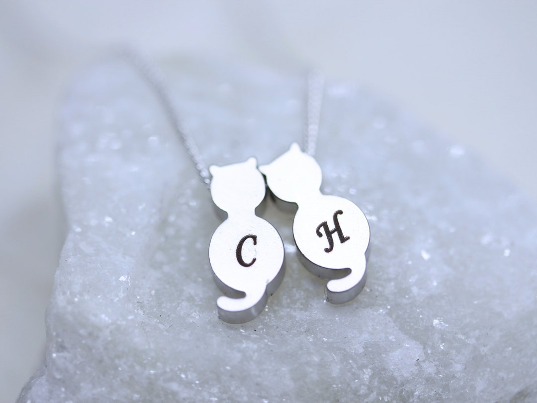 Two Cats Necklace on Sterling Silver Chain Custom With Initials