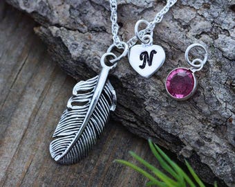 Solid Sterling Silver Feather With two Personalized Charms. Medium Bird Feather Realistic Feather, Symbol Freedom. Choose Chain