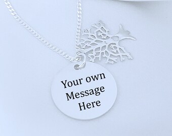 One of a Kind Tree of Life Necklace Customized Message. Engraved Circle Grandmother, Mother Christmas Gift. 4 Birds on Tree. Choose chain.