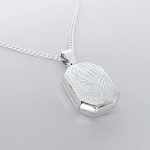Sterling Silber Rechteckige Locket Halskette Fancy Design zwei Fotos Locket Andenken. 20x15mm. Nr. 25