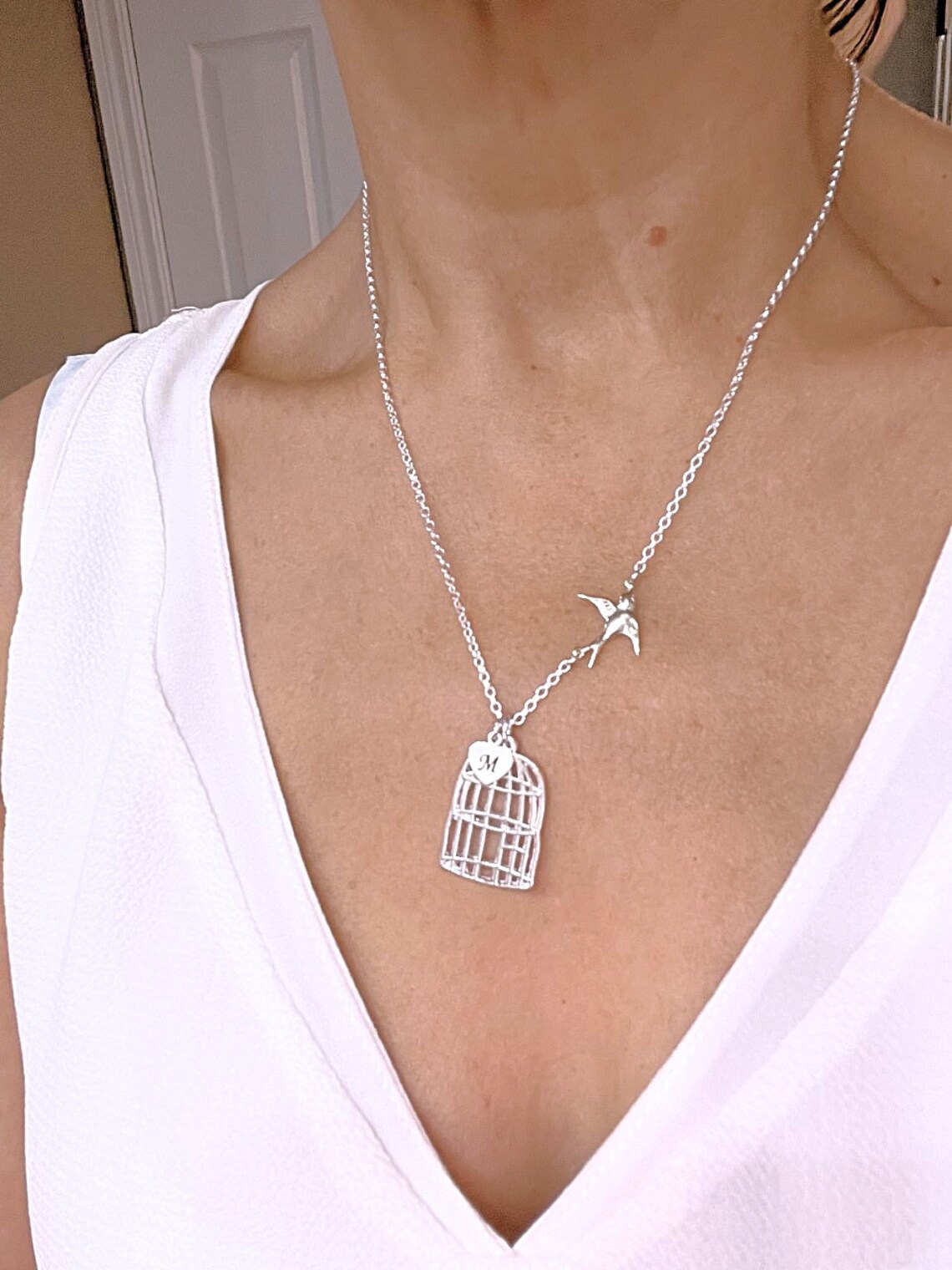 Bird Cage Necklace Gold Flying Bird Sterling Silver Chain Etsy