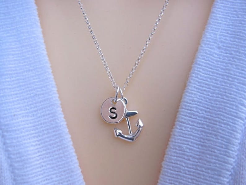 Anchor necklace, Sterling Silver Anchor Necklace, Personalized birthstone OR initial. Strong foundation Stability Symbol. Choose chain. image 1