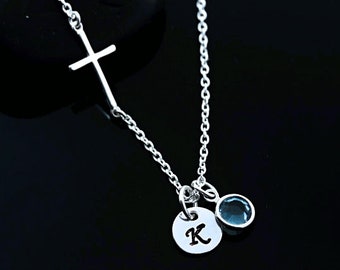 Sterling Silver Side Cross Horizontal With Customized Charms Sideways Cross Jewelry. Everyday Necklace.