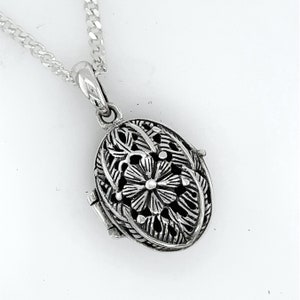 Oval lockets, solid sterling silver Filigree locket necklace, Personalized Locket. Choose chain, Silver Flowers Locket.