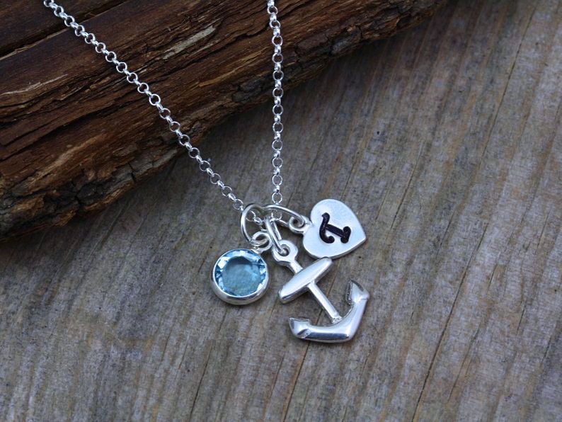 Anchor necklace, Sterling Silver Anchor Necklace, Personalized birthstone OR initial. Strong foundation Stability Symbol. Choose chain. image 5