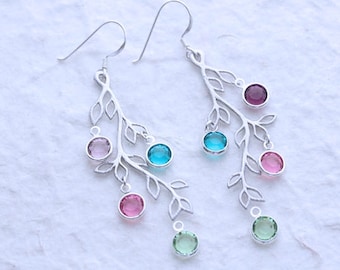 Silver Leaf Earrings, Sterling Silver Hooks, Branches Earrings Personalized birthstones, White Gold dangle Earrings, leaves Earrings