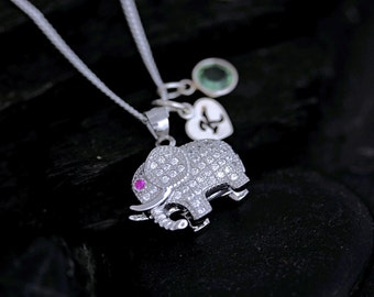 CZ Elephant Necklace, select Pink or Clear Crystal eyes. Sterling silver elephant pendant. Personalized charm necklace. Silver 3D elephant