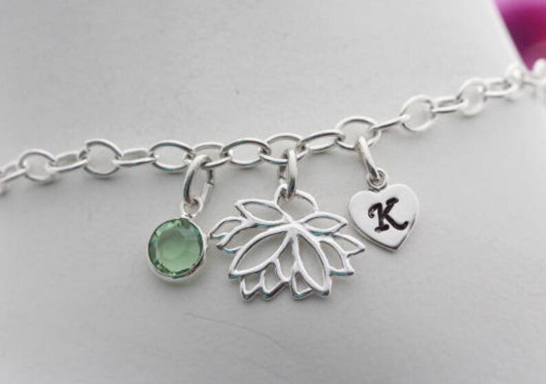 Personalized Bracelet Other charm upon request sterling silver Lotus Flower Bracelet Birthstone Custom Initial Long lasting chain