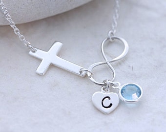 Sterling silver Infinity Cross Necklace, Bridal shower Gift. Personalized Sideways Cross.