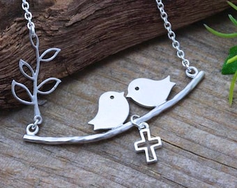 Silver Lovebirds Necklace, Family Birds Necklace, Choose charm Baby bird. Birds Necklace, Birds on Branch Necklace . Birds Jewelry.