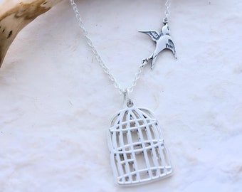 Flying Bird Cage Necklace, Sterling silver bird Necklace Sterling silver chain. Birdcage Silver plated. Choose Gold or Silver Bird