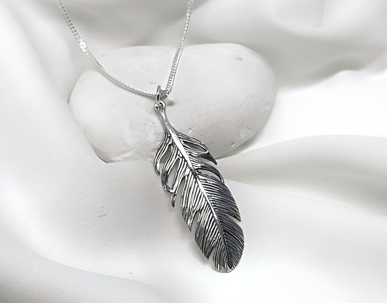 Sterling Silver Feather necklace high detail feather on Sterling Silver Italy Chain, Most popular Item for Feather image 1