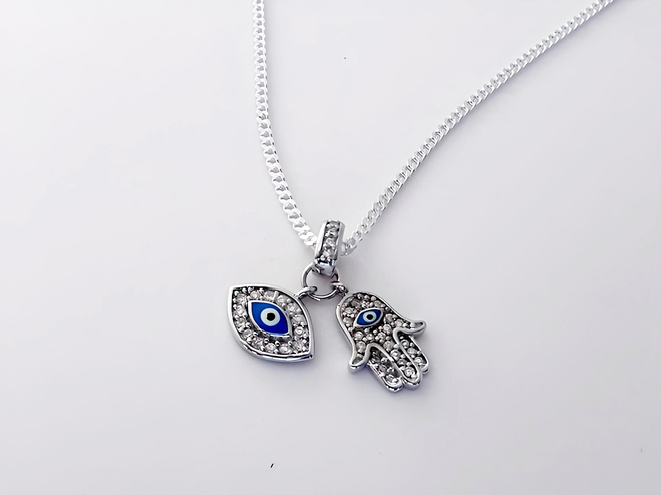 Collana Hamsa Con Ciondolo Malocchio In Argento Sterling 925 E Zirconi Bianchi - Foto 1