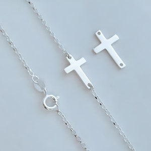 Sterling Silver Cross Necklace on Sterling Silver Chain . Birthstone and Initial Necklace . Sideways Cross initial Birthstone Necklace image 3