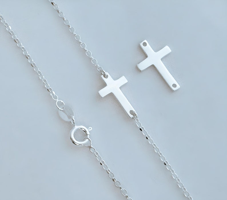Sterling Silver Cross Necklace on Sterling Silver Chain . Birthstone and Initial Necklace . Sideways Cross initial Birthstone Necklace image 3
