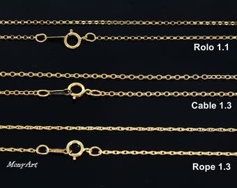 Gold Filled chain, Gold necklace chain. Select rollo Top chain, Cable Middle Chain, Rope Bottom chain. Gold filled cable chain