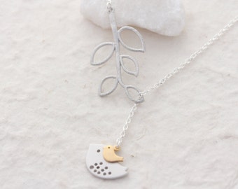 SILVER Bird Necklace, Mother and Son hanging out. Mother and Daughter.  Lariat Style Necklace Mothers Jewelry, Mother and Baby